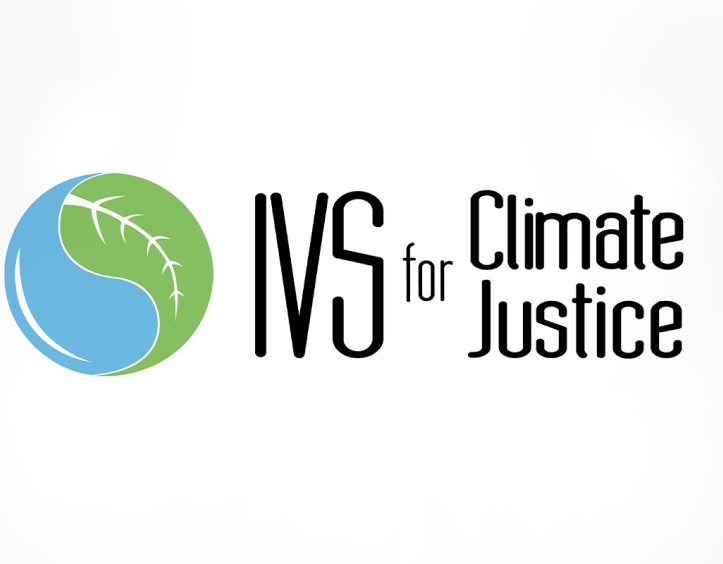 Logo for 'IVS for Climate Justice,' featuring a green and blue circular design with a leaf motif
