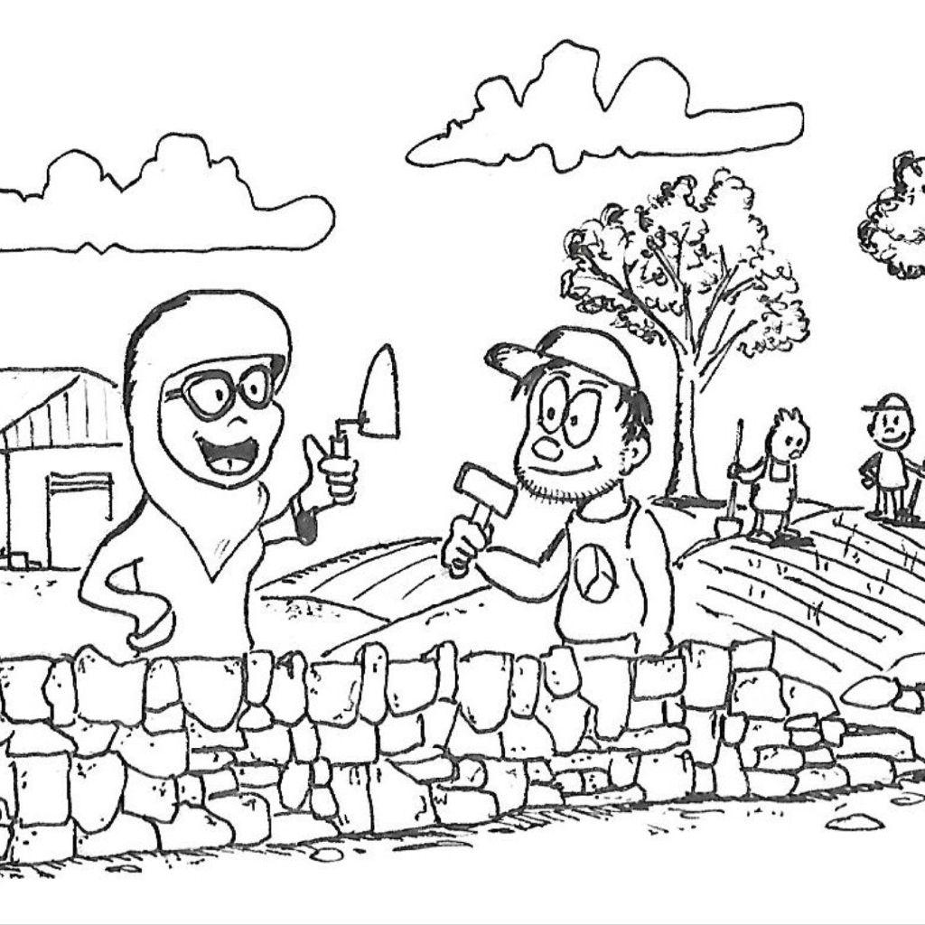 Cartoon illustration of three characters working together to build a stone wall