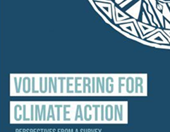 Cover of a publication titled 'Volunteering for Climate Action: Perspectives from a Survey,' featuring a blue background with a white geometric design